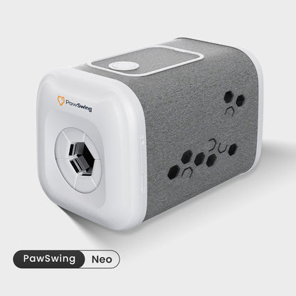 PawSwing Neo produktbild, vitt hölje med grå filtsida och borstmekanismen synlig i öppningen