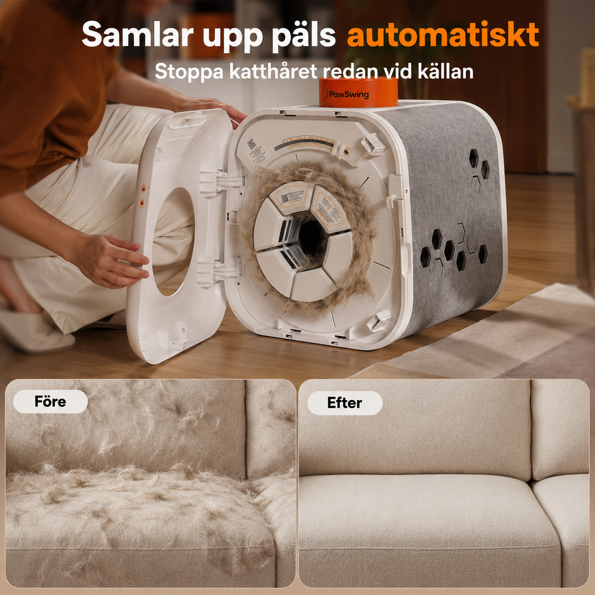 Infografik: uppsamlad päls i PawSwing Neos borstkammare, med före- och efterbild på en soffa