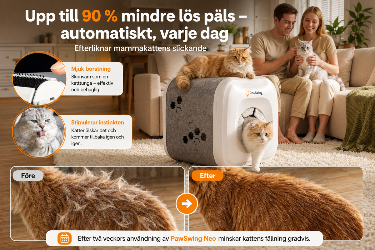 Infografik: PawSwing Neo ger upp till 90 procent mindre lös päls, med före- och efterbild på kattpäls
