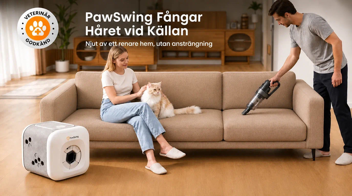 Samma vardagsrum utan lös kattpäls på soffa och golv efter att PawSwing använts