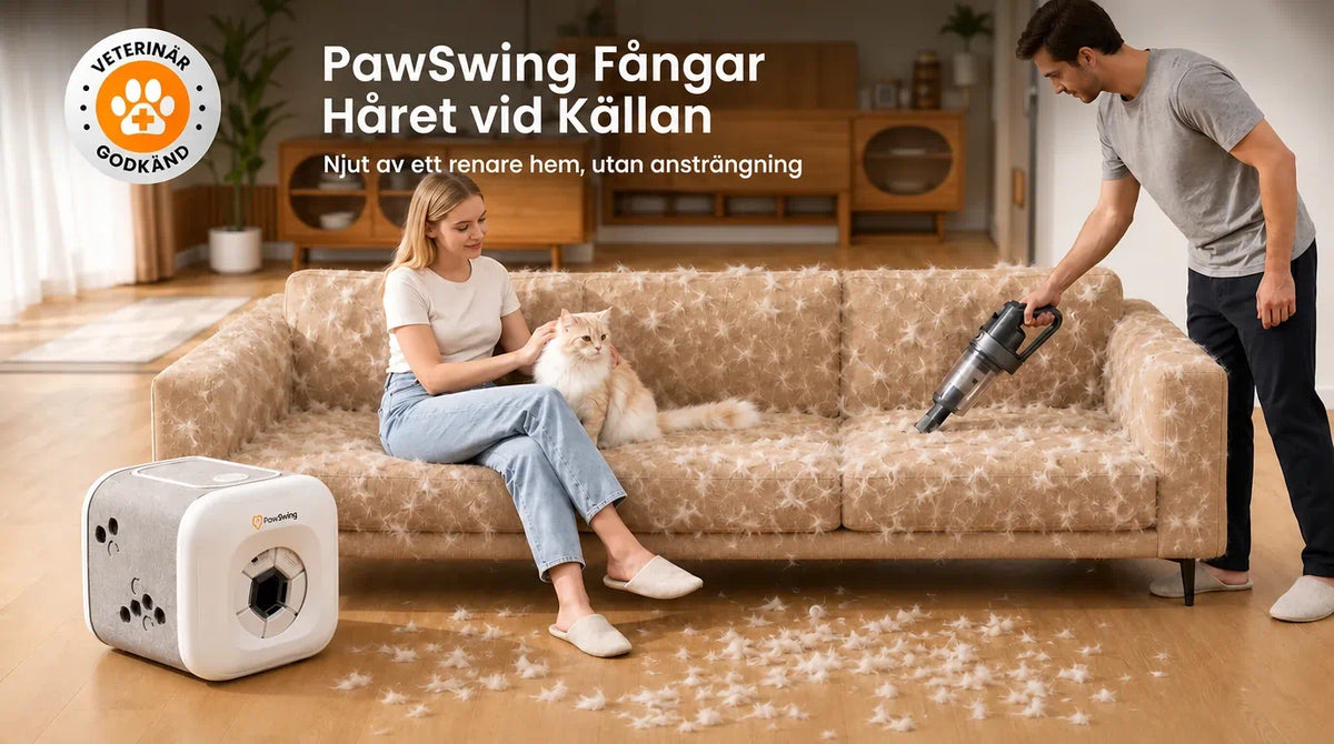 Vardagsrum med lös kattpäls på soffa och golv innan PawSwing används