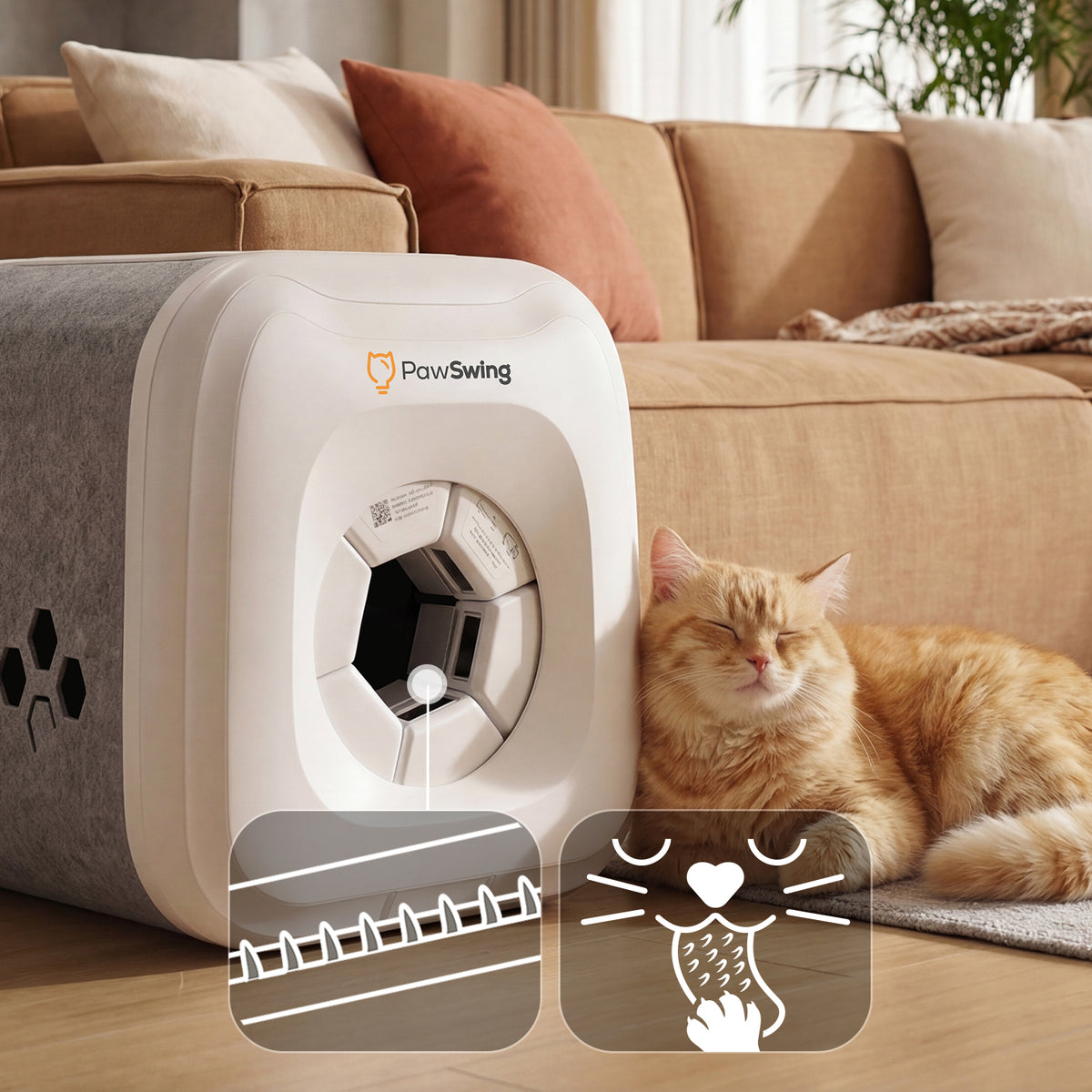 Orange katt vilar bredvid en PawSwing Neo i en soffa